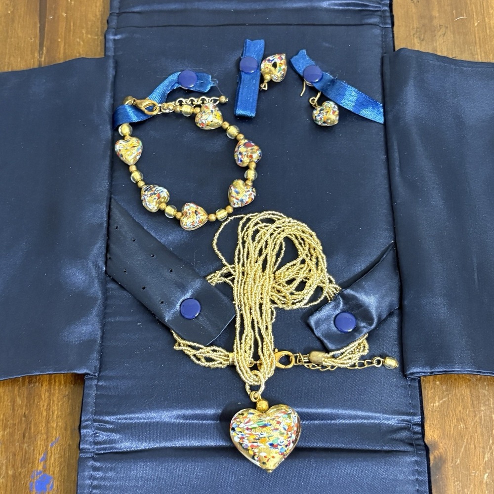 Vtg Stauer Confetto Murano Style Heart Necklace Bracelet Earrings Set W/ Case